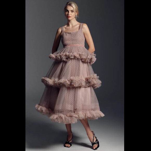 Mac Duggal 20776 Size 4 6 Pink Black Polka Dot Tulle Tiered Ruffle Midi Dress - Picture 1 of 5